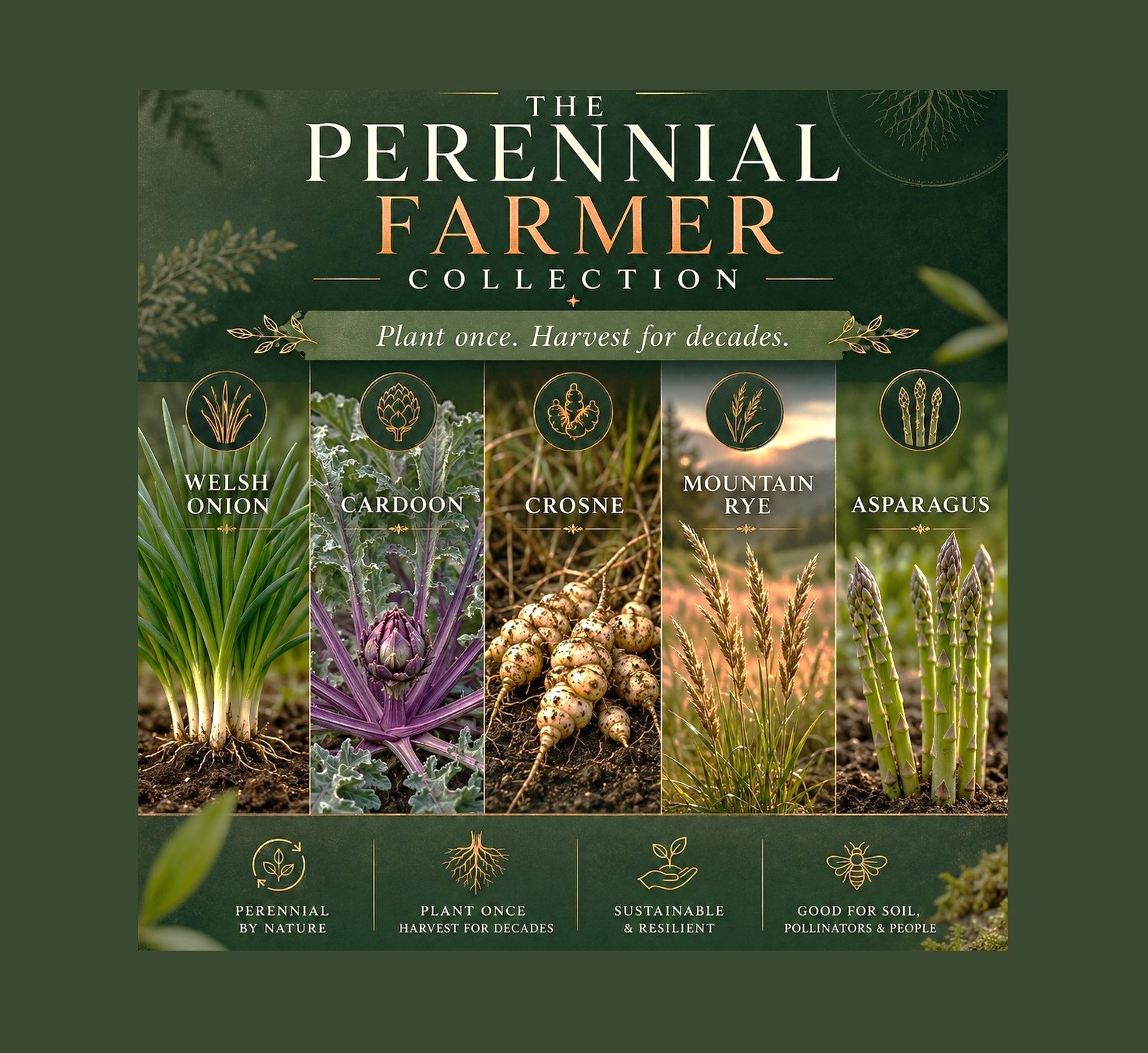THE PERENNIAL FARMER COLLECTION: Welsh Onion, Cardoon, Crosne,  Mountain Rye, Asparagus